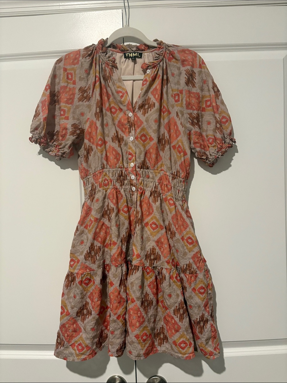 THML Peach & Tan Printed Short Sleeve Mini Dress